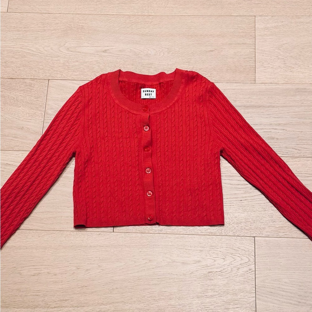 Aritzia Red Cable-Knit Cropped Cardigan